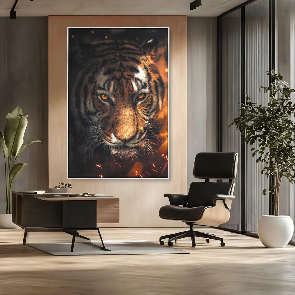Tablou canvas cu tablou canvas cu cap de tigru si scantei, in rama de aluminiu argintiu, pe perete intr-un birou
